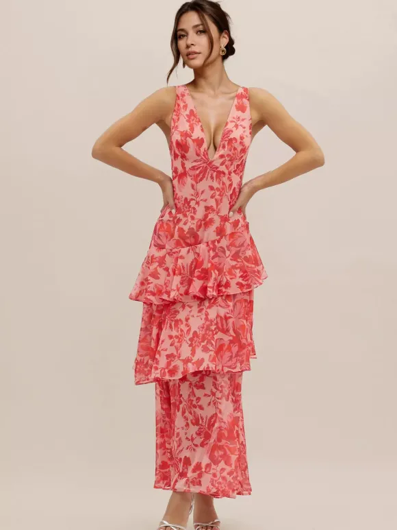Robe longue à volants superposés et imprimé floral avec décolleté en V profond et dos ouvert 2026