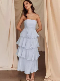 Robe longue à volants étagés pour femme - Robe tube trapèze sans manches à plusieurs épaisseurs - Idéale pour les invités aux mariages d'été 2026