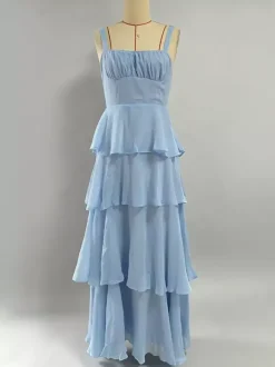 Robe longue à volants étagés pour femme - Fairycore col carré dos nu coupe trapèze - Invitée à un mariage d'été à la plage 2026