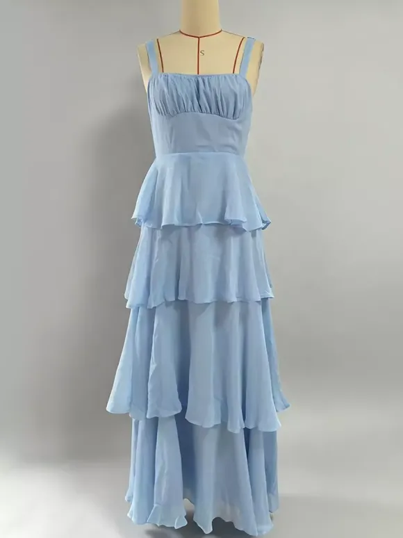 Robe longue à volants étagés pour femme - Fairycore col carré dos nu coupe trapèze - Invitée à un mariage d'été à la plage 2026