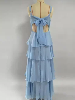 Robe longue à volants étagés pour femme - Fairycore col carré dos nu coupe trapèze - Invitée à un mariage d'été à la plage 2026