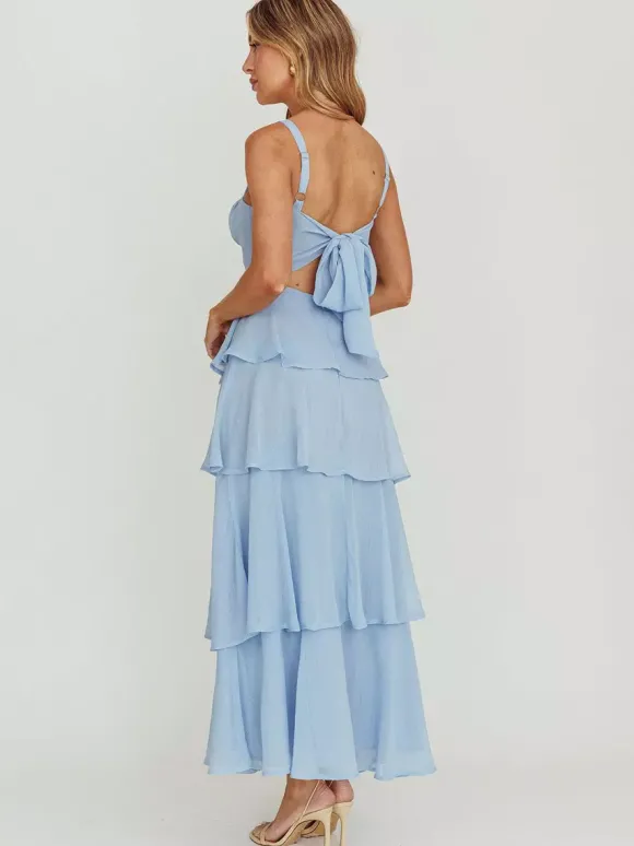 Robe longue à volants étagés pour femme - Fairycore col carré dos nu coupe trapèze - Invitée à un mariage d'été à la plage 2026