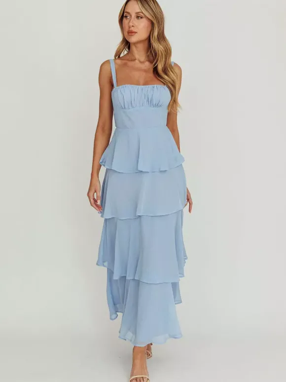 Robe longue à volants étagés pour femme - Fairycore col carré dos nu coupe trapèze - Invitée à un mariage d'été à la plage 2026