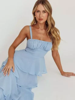 Robe longue à volants étagés pour femme - Fairycore col carré dos nu coupe trapèze - Invitée à un mariage d'été à la plage 2026