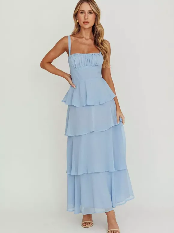 Robe longue à volants étagés pour femme - Fairycore col carré dos nu coupe trapèze - Invitée à un mariage d'été à la plage 2026