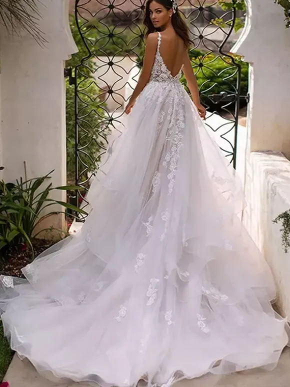 Robe mariée trapèze col V en detenlle à bretelle décolletée jupe bouffante à traîne Robe de mariage