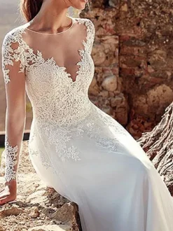 Robe mariée trapèze col V manche longue dos transparent à traîne jupe en tulle Robe de mariée