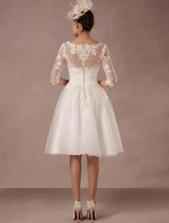 Robe mariée vintage col bateau demi-manche en dentelle jupe en tulle courte au dessus de genou Robe de mariage