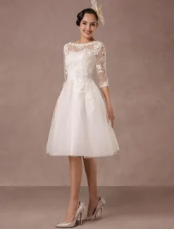 Robe mariée vintage col bateau demi-manche en dentelle jupe en tulle courte au dessus de genou Robe de mariage