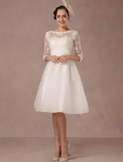 Robe mariée vintage col bateau demi-manche en dentelle jupe en tulle courte au dessus de genou Robe de mariage