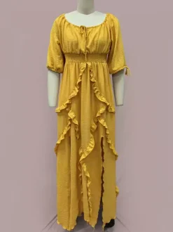 Robe maxi bohème à col carré pour femme - Robe longue fluide à manches trois-quarts ourlet à volants étagés et smocks - Collection été plage 2026