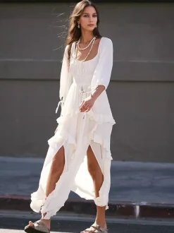 Robe maxi bohème à col carré pour femme - Robe longue fluide à manches trois-quarts ourlet à volants étagés et smocks - Collection été plage 2026
