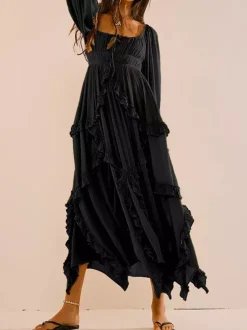 Robe maxi bohème à col carré pour femme - Robe longue fluide à manches trois-quarts ourlet à volants étagés et smocks - Collection été plage 2026