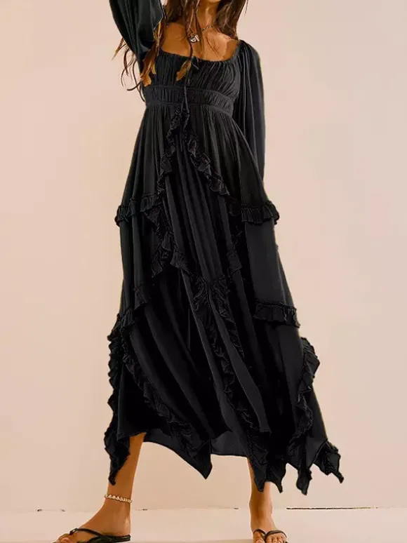 Robe maxi bohème à col carré pour femme - Robe longue fluide à manches trois-quarts ourlet à volants étagés et smocks - Collection été plage 2026