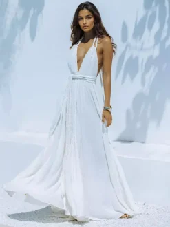 Robe maxi bohème dos nu pour femme - Robe longue sexy à décolleté plongeant en V col licou et ceinture à nouer - Collection été 2026