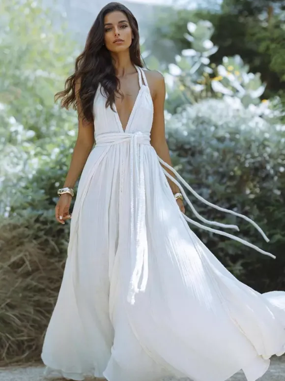 Robe maxi bohème dos nu pour femme - Robe longue sexy à décolleté plongeant en V col licou et ceinture à nouer - Collection été 2026