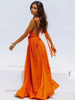 Robe maxi bohème dos nu pour femme - Robe longue sexy à décolleté plongeant en V col licou et ceinture à nouer - Collection été 2026