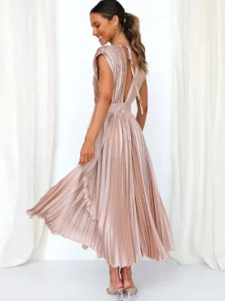 Robe Maxi Col V Sans Manches Décontractée Robe Longue Plissée