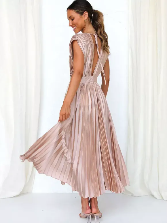 Robe Maxi Col V Sans Manches Décontractée Robe Longue Plissée