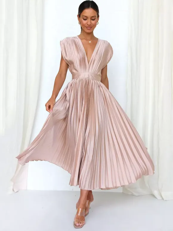 Robe Maxi Col V Sans Manches Décontractée Robe Longue Plissée