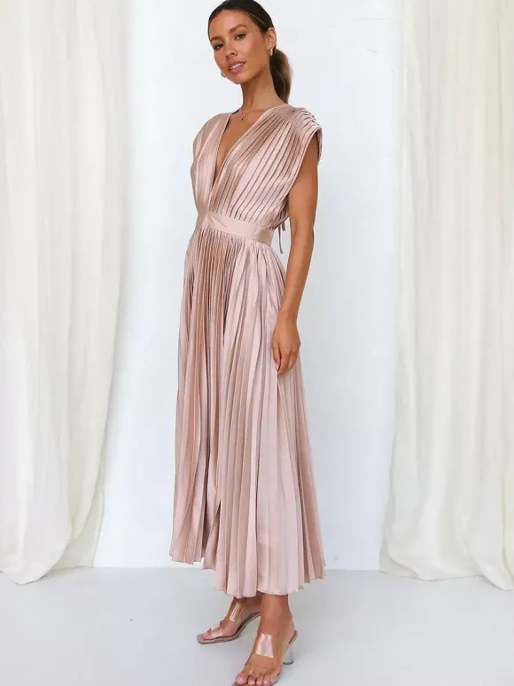 Robe Maxi Col V Sans Manches Décontractée Robe Longue Plissée