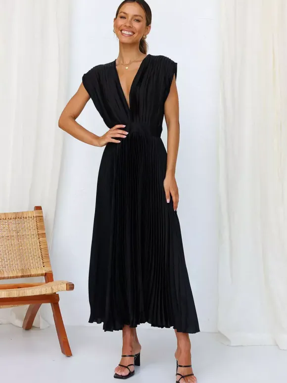 Robe Maxi Col V Sans Manches Décontractée Robe Longue Plissée