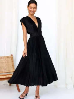 Robe Maxi Col V Sans Manches Décontractée Robe Longue Plissée