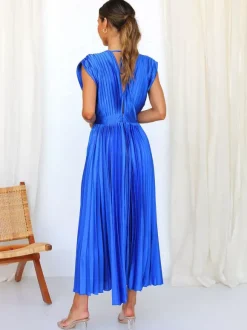 Robe Maxi Col V Sans Manches Décontractée Robe Longue Plissée