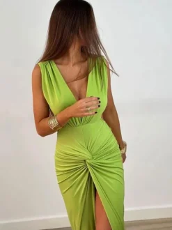 Robe Maxi Col V Sans Manches Sexy Robe Longue Plissée à Fente Haute