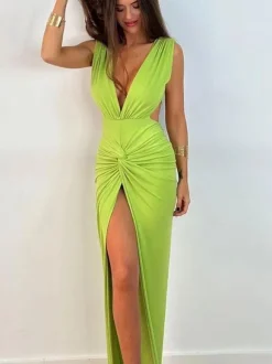 Robe Maxi Col V Sans Manches Sexy Robe Longue Plissée à Fente Haute