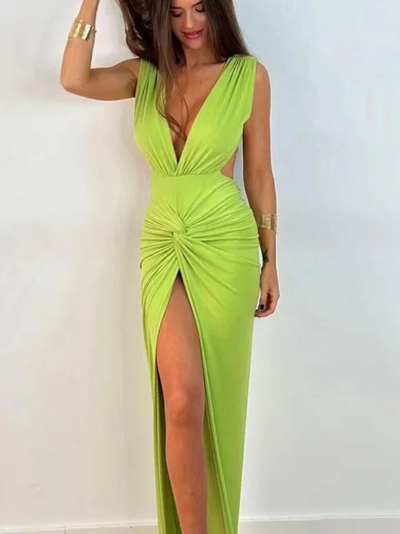 Robe Maxi Col V Sans Manches Sexy Robe Longue Plissée à Fente Haute