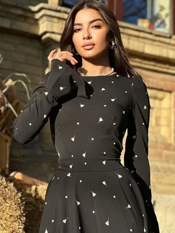 Robe maxi décontractée à imprimé triangle col rond et manches longues