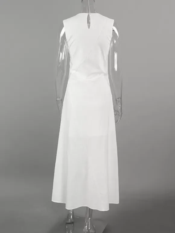 Robe maxi de tous les jours pour femme sans manches col rond taille naturelle élégante robe blanche