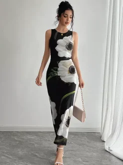 Robe maxi femme à imprimé floral - Élégante robe moulante froncée - Style vintage années 90 idéale pour l'été au quotidien (collection 2026)