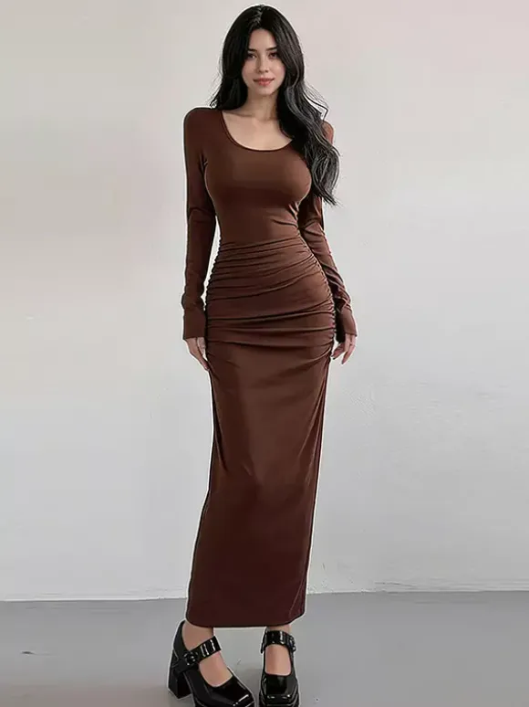 Robe maxi froncée pour femme - Robe moulante minimaliste fendue au dos et manches longues - Idéale pour un rendez-vous romantique au printemps 2026