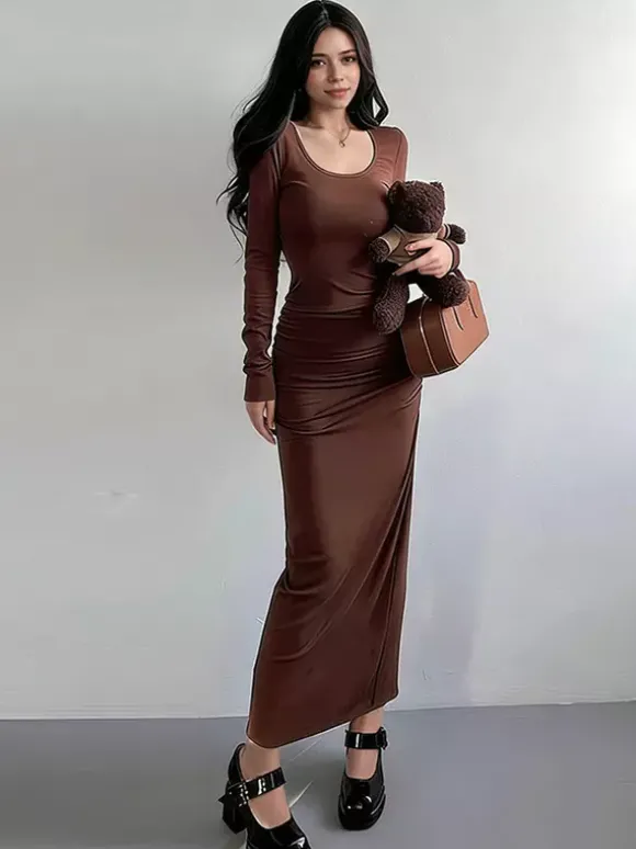 Robe maxi froncée pour femme - Robe moulante minimaliste fendue au dos et manches longues - Idéale pour un rendez-vous romantique au printemps 2026