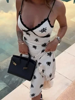 Robe maxi imprimée abricot en dentelle sans manches à col V pour femme