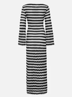 Robe maxi moulante à manches longues en maille à motif ondulé contrasté pour femme 2026