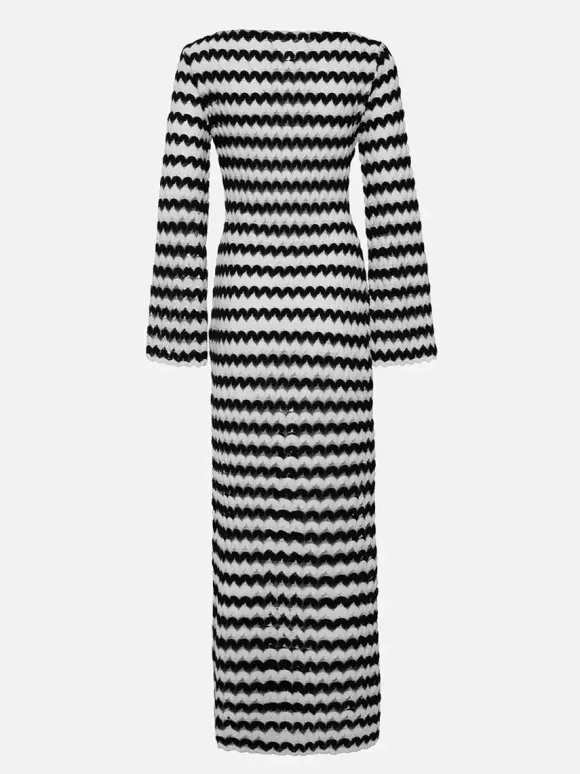 Robe maxi moulante à manches longues en maille à motif ondulé contrasté pour femme 2026