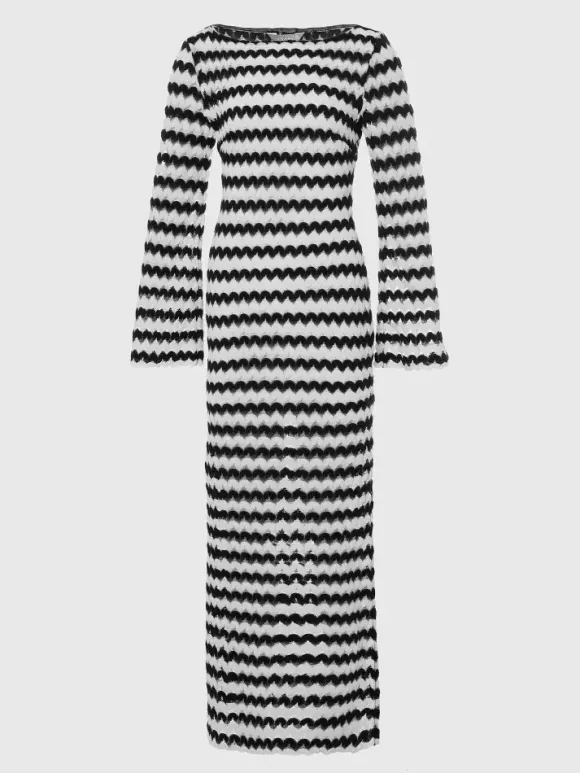 Robe maxi moulante à manches longues en maille à motif ondulé contrasté pour femme 2026