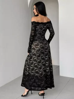 Robe maxi moulante à épaules dénudées manches longues et dentelle collection femme 2026