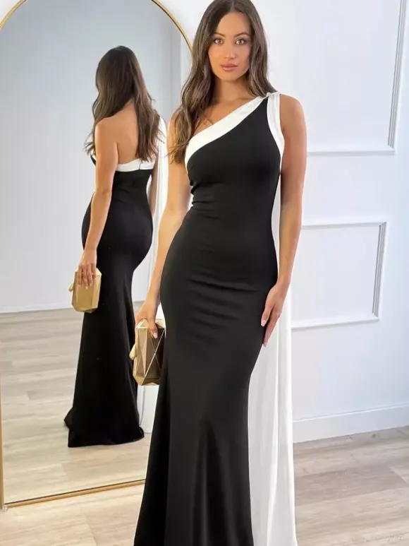 Robe maxi noire chic sans manches à une épaule pour femme idéale au quotidien.