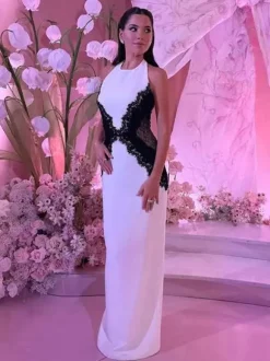 Robe maxi sans manches à col halter empiècements en dentelle et couleurs contrastées pour femme 2026