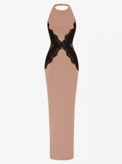 Robe maxi sans manches à col halter empiècements en dentelle et couleurs contrastées pour femme 2026