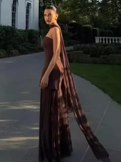 Robe maxi sans manches à col halter et ourlet asymétrique superposé pour femme 2026
