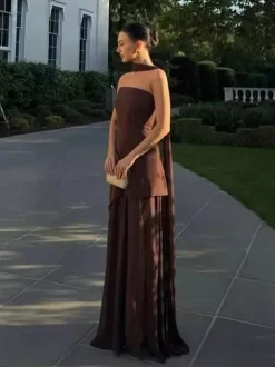 Robe maxi sans manches à col halter et ourlet asymétrique superposé pour femme 2026