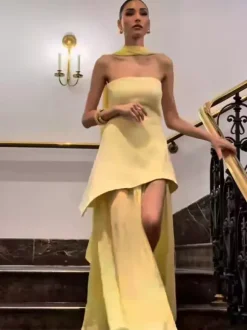 Robe maxi sans manches à col halter et ourlet asymétrique superposé pour femme 2026