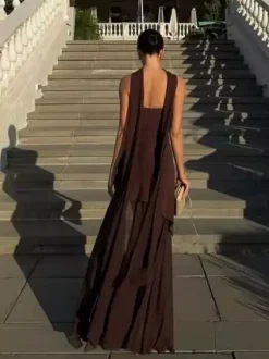 Robe maxi sans manches à col halter et ourlet asymétrique superposé pour femme 2026