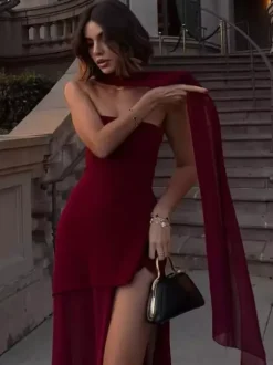 Robe maxi sans manches à col halter et ourlet asymétrique superposé pour femme 2026