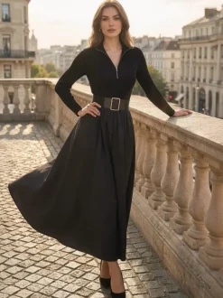 Robe maxi trapèze à manches longues coupe trapèze en maille côtelée demi-zip et patchwork ceinture intégrée collection femme 2026